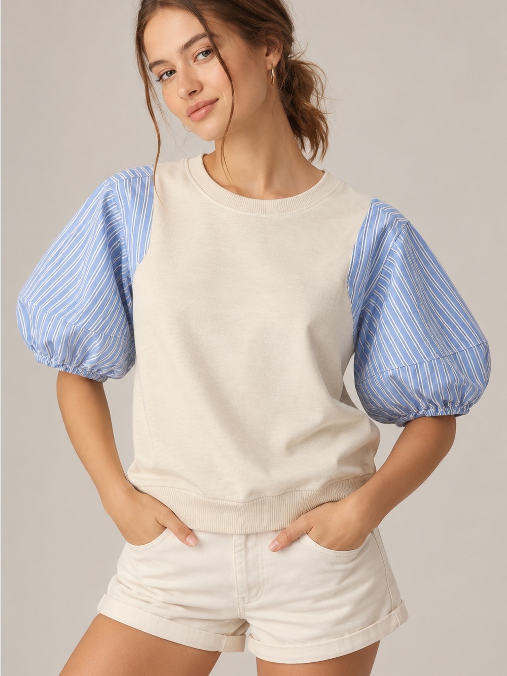 Pilcro Cream Pullover with Blue Striped Puff Sleeves